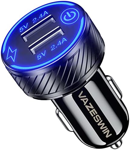 Punjač automobila, Vazeswin Dual USB Port Adapter za punjač automobila, 5V 4,8A punjač automobila s plavim LED i Touch Switch