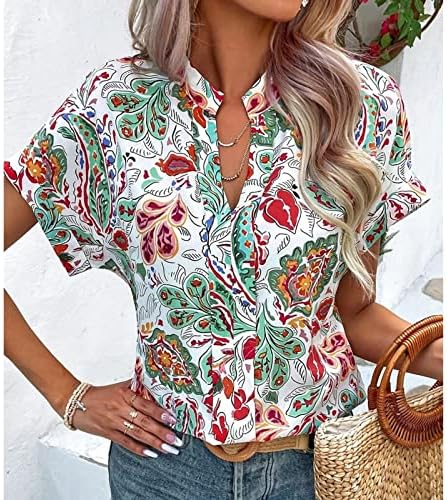 Žene cvjetni tiskani vrhovi 2023 Ljetno ležerna majica s kratkim rukavima labava V-izreza pulover košulja tuničare Drvane bluze