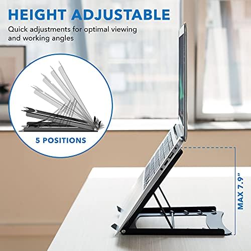 Stalak za prijenosno računalo za podesivu visinu stola - Crni čvrsti čelični laptop Riser | 5 podesivih visina | Pravilno postavlja