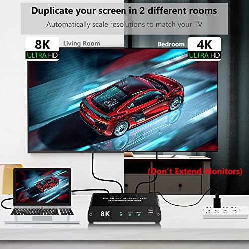8K@60Hz HDMI 2.1 razdjelnik, avedio povezuje ultra hd 4K@120Hz hdmi splitter 1 u 2 out, 8k hdmi razdjelnik za dvostruke monitore, 1x2
