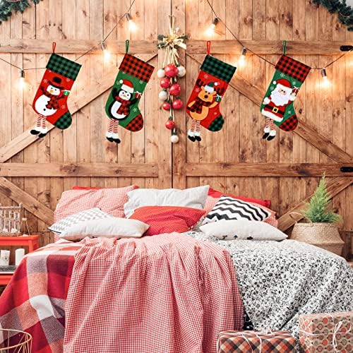 AnyDesign 4 Paketi božićne čarape Djed Mraz snježni jezgar pingvin Viseće čarape s dugim nogama crveno zelena crna crna bivola Obloge