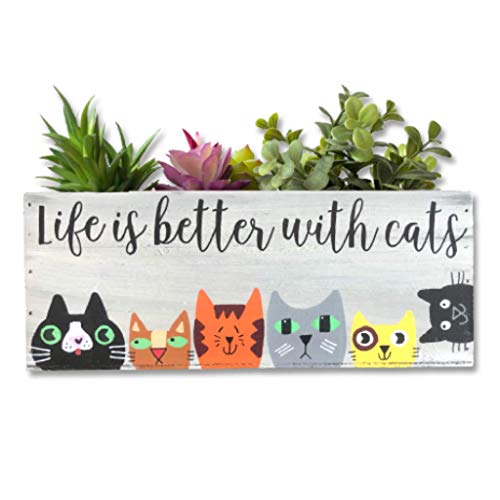 Život je bolji s mačkama Box Wood Box - šarmantna mačja sadnica za ljubitelje mačaka, mačke mame, mačje mačke - Perfect Očev dan poklon