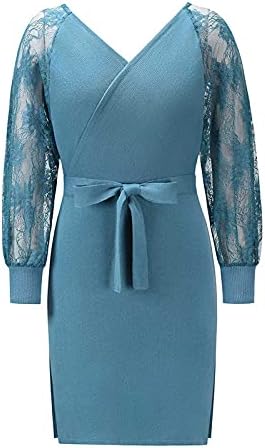 Ženska seksi džemper haljina u boji V-izreza zavoja čipkastih patchwork dugih rukava za večernju haljinu haljine 2022