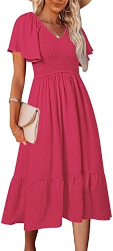 Ženska čvrsta boja A Line haljina 2023 Ljetni ležerni v vratni ruffle Sunfled Midi haljina s džepovima s džepovima