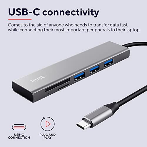 Trust 24191 Halyx Fast USB-C hub i čitač kartica, 3 pomoćna luka, 5 Gbit/s s USB 3.2 Gen 1, čitač kartica SD i Micro SD 104 MB/s, SD,