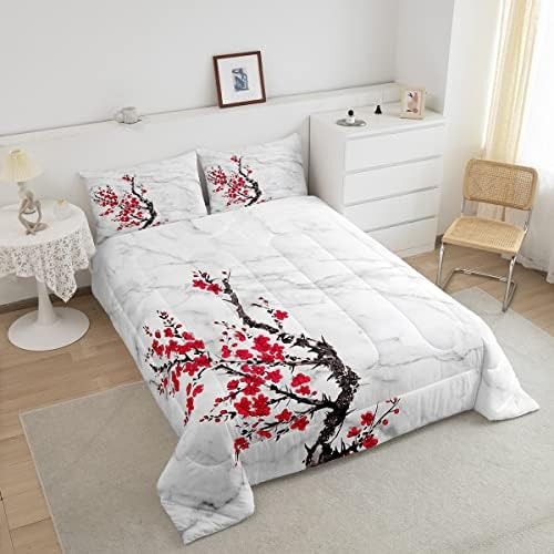 Erosebridal cvjetanje cvjetača trešnje set kraljica 3pcs, sivi mramorni posteljina set za djevojčice japanske kawaii duvet set crveni
