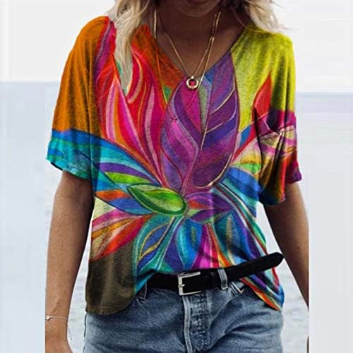 Majice za Žene, Ležerne majice s cvjetnim printom i grafičkim uzorkom, tunika s izrezom i kratkim rukavima u obliku slova U, široka