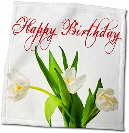 3Drose sretan rođendan crveni tekst, tri cvijeća bijelog tulipana na bijelim ručnicima