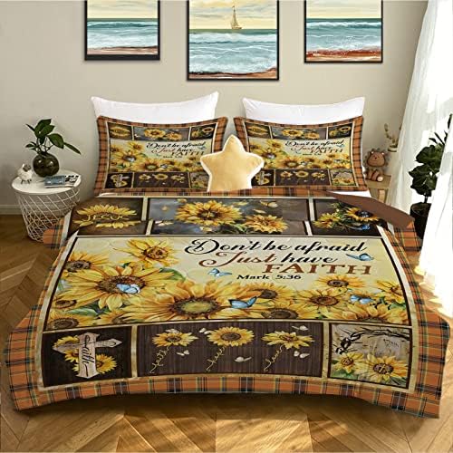 Bedmust Suncokret Twin Comforter set, samo ima vjere vrt cvjetanje suncokretove tiskane kombinezone s Isusovim križem, leptir suncokret