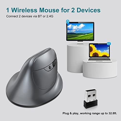 Bežični ergonomski okomiti miš s zaslonom, punjivi tihi miš za povezivanje 2 uređaja, 3200 dpi, 8 gumba za računalo / računalo / stolno
