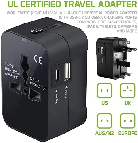 Travel USB Plus International Adapter Power kompatibilan s Xolo Q1200 za svjetsku energiju za 3 uređaja USB Typec, USB-A za putovanje