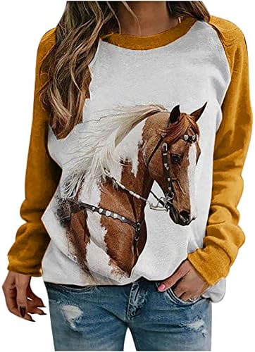 Ženski konjski print vrhovi dugih rukava Etinične košulje modna jesenska odjeća labava raglan redački pulover Slatka dukserica