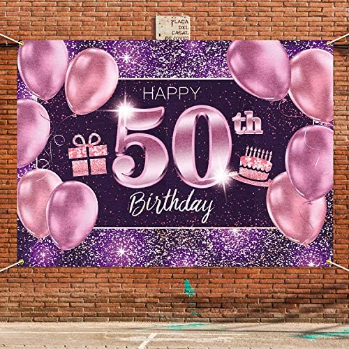Pakboom sretna pozadina natpisa za 50. rođendan - 50 ukrasa za rođendanske zabave za žene - ružičasto ljubičasto zlato 4 x 6ft