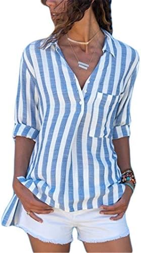 Adongnywell ženskog gumba kardigan bluze košulje dugi rukavi v vrat casual labave pruge s džepovima