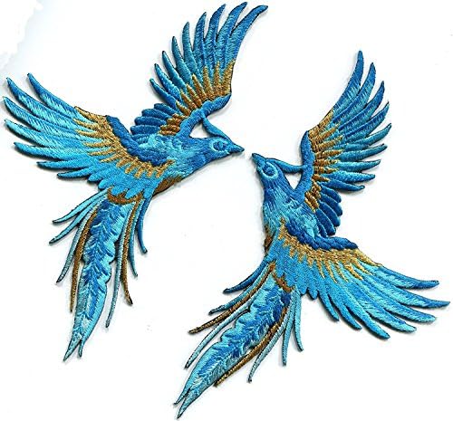 Phoenix Phenix ptice nebesko plava safir zlatna vezana appuirana appule i željezo-on flasteri paru svaki flaster mjeri 3,75 inča širok