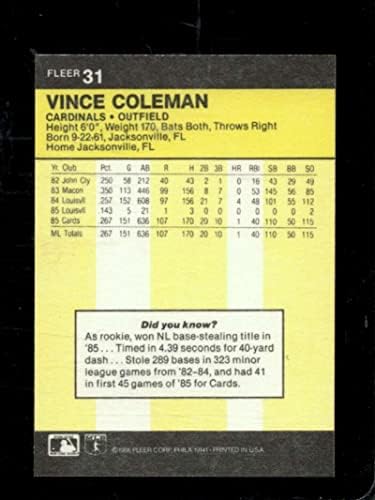 1986. Fleer 31 Vince Coleman NMMT kardinali