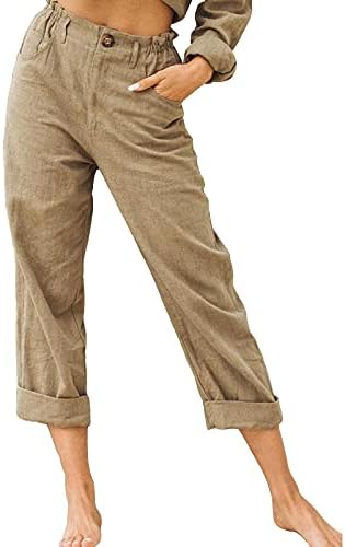 Meyya ženske pamučne lanene hlače, 2023. Ljetni ženski visoki struk prozračan dimljeni rastezanje ravni prednji kapris plaže gaćice