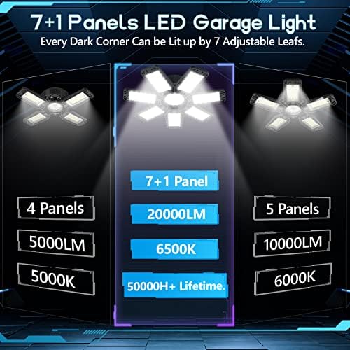 Yibeyyds LED garažno svjetlo 12 pakiranja, 200W 6500k Garage Light Light Lights Svjetla Strop LED sa 7+1 podesivih ploča, LED trgovina