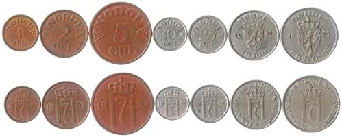 7 kovanica iz Norveške | Zbirka norveških kovanica 1 2 5 10 25 50 Ore 1 Krone | Cirkulirano 1951-1957 | Norveški lav