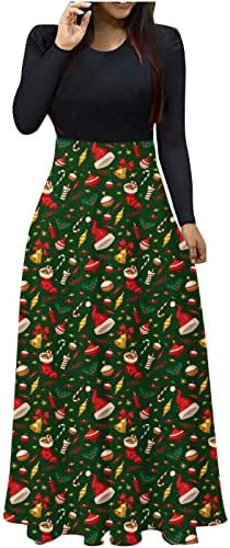 Ženska Božićna Maksi haljina s visokim strukom dugih rukava, ležerna haljina Djeda Mraza sa slatkim printom, duga haljina