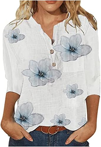 Žene lagane 3/4 rukava Henley majice Slatke cvjetne tiskane gumbe TEE TOPS 2023 Ljetne ležerne bluze
