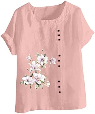 Ljetna pamučna lanena košulja za žene 2023 casual labavi vrhovi kratkih rukava Slatka cvjetna grafika plus majice bluza