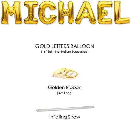 PartyForever Michael Balloon Banner Big 16 -inčni zlatni folijski baloni Pisma Ime za muškarce i dječake ukrasi za rođendanske zabave