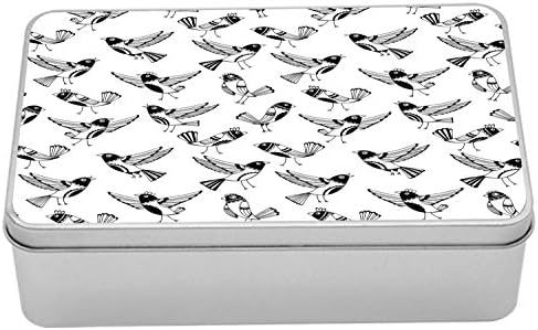 Ambsonne crno -bijela limena kutija, Skica u stilu Doodle Childrens crtane ptice s smiješnim znatiželjnim izrazima, prijenosni rectangle
