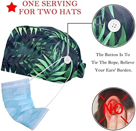 Oeldjfngsdc 2 pakira zeleni tropski listovi Radni kapu s gumbima za žene/muškarce zmajne podesive kravate stražnji bouffant šeširi