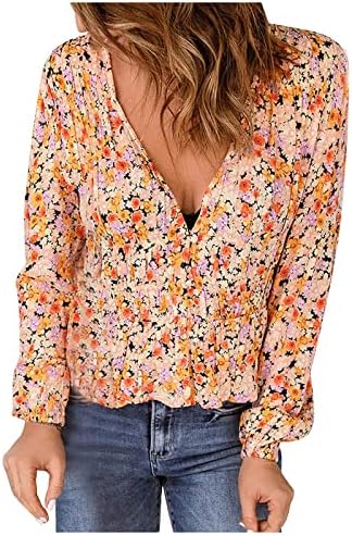 Ljetni vrh za žene boho cvjetni print majice dugih rukava duboki v vrat gumb tunika trendi labava fit bluza