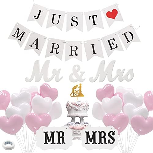 Yavocos 6 Set vjenčanih ukrasa, upravo oženjeni transparent, drvena pisma Mr & Mrs. Znak za vjenčani stol, vjenčani dekor sa srčanim