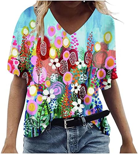 Tinejdžerke duboki v vrat pamuk cvjetna grafička grafička labava fit predimenzionirana opuštena fit casual majica za žene jesen ljeto