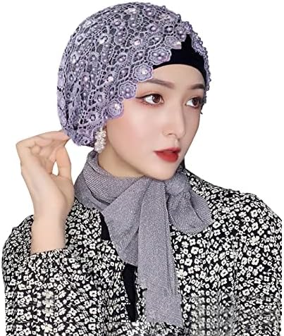 Elegantni cvjetni čipkasti perle turban sa sjajnim dugim šal-om, meki muslimanski hidžab ramadan eid matica protiv-uv kemoterapije