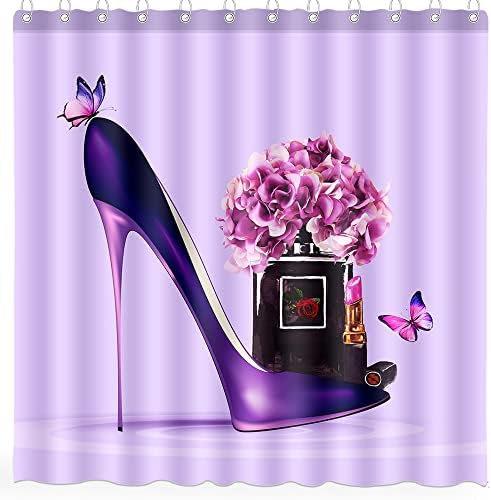 Dephoto ljubičaste zavjese za tuširanje za kupaonicu Violet Violet Visoka peta parfema s ružem za usne leptir cipele poliesterske tkanine