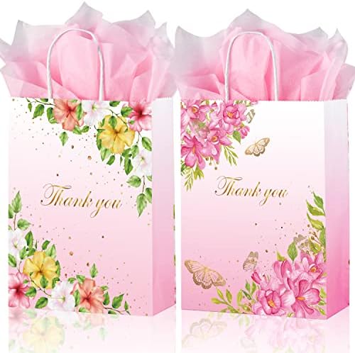 Poklon vrećice od 24pcs hvala od 24pcs ružičastog papirnatog papira, cvjetne male papirnate vrećice od 8,7 inča za poklone, rođendan,