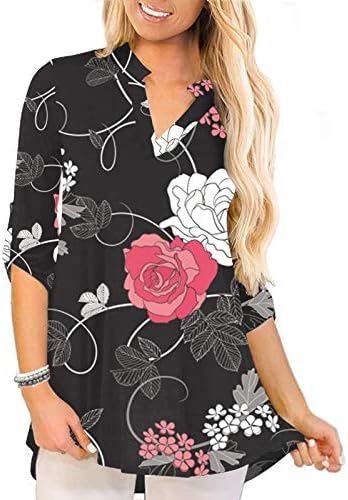 Ženska cvjetna majica za print majica Top Summer Casual Workout Plus veličine vrhovi 3/4 Košulje s rolanjem vrpce V vrat bluze tunika