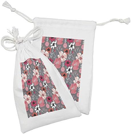 Ambasonne cvjetna vrećica od tkanine od 2, vintage tema razna retro cvjetovi i grane u pastelnim bojama na sivoj pozadini, mala vrećica