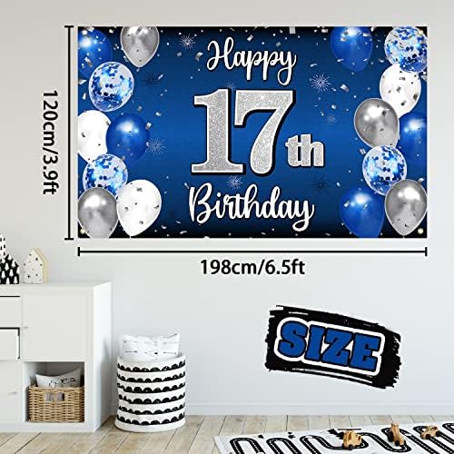 Ukrasi od 17. rođendana, 17. plavi i srebrni balon, veliki natpis na pozadini rođendana, pribor za zabavu za sedamnaesti rođendan.