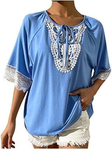 Ženska ljetna košulja s okruglim vratom moda labava udobna raglan vrhovi čipkaste šavove tunike majice s kratkim rukavima pulover bluza