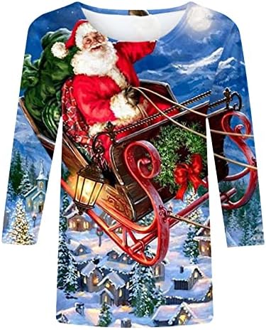 Božićni vrhovi za žene Djed Mraz snježni uzorak majice 3/4 rukava s tunikom TEE Trendy Pulovers za djevojke tinejdžera