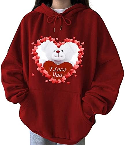 Valentinovo s hoodie duksericom za žene crtani medvjed grafički i volim te slovo tiska