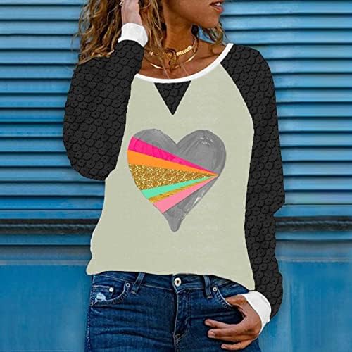 Slatka srčana košulja Žene čipke dugih rukava za Valentinovo za patchwork posada majica casual labave blagdanske bluze