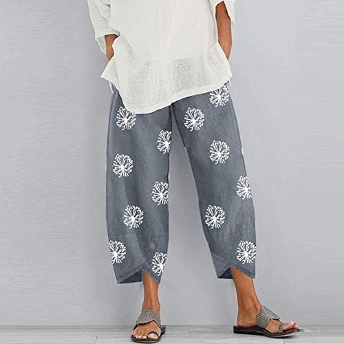 Povremene Capri hlače za žene labave fit pamučne posteljine obrezane hlače cvjetni print ljetna plaža Capri hlača s džepovima