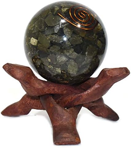 Healings4U orgonit sfera Zlatna pirita Veličina 2-2,5 inča i jedna drvena kuglica stalak prirodna kristalna kuglica sfera vastu reiki