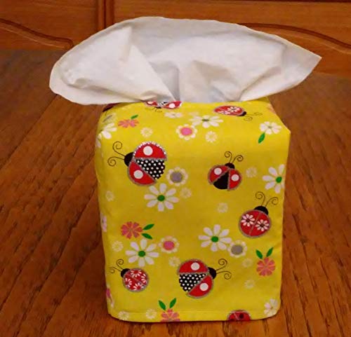 Poklopac kutije za tkivo, kvadrat, blistave dame bube i cvijeće na poklopcu s tkivom od žute tkiva, ručno izrađeno, besplatna poštarina