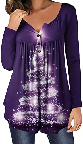 LED božićno drvce Henley košulje za žene skrivaju trbuh naborani gumb bluze up peplum vrhovi dresy casual dugačke tunike