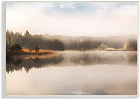 Stupell Industries jesensko jezero Misty Pejzaž daleka borova šuma, koju je dizajnirala Irene Weisz zidna ploča, 15 x 10, narančasta