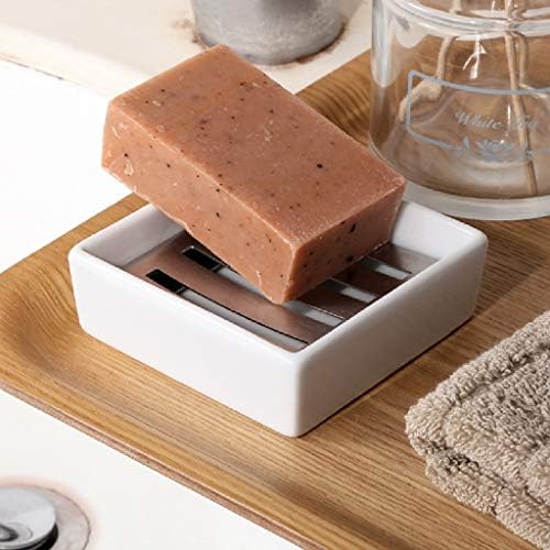 WSSBK Keramički držač za sapun za sapun od nehrđajućeg čelika s dvookosnom ladicom sapuna s odvodnjom za kupaonicu, tuš, kadu i kuhinjsku