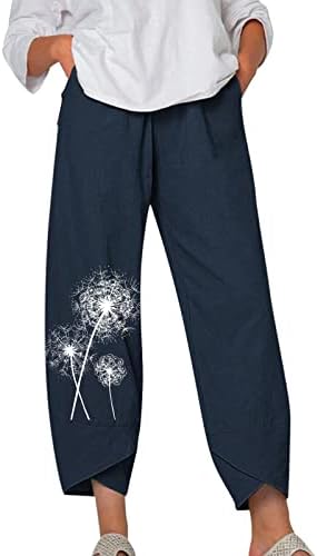 Ljetne lanene hlače za žene labave fit pamučne posteljine treniske vintage tiska trendovske vrećice ošišane hlače s džepovima