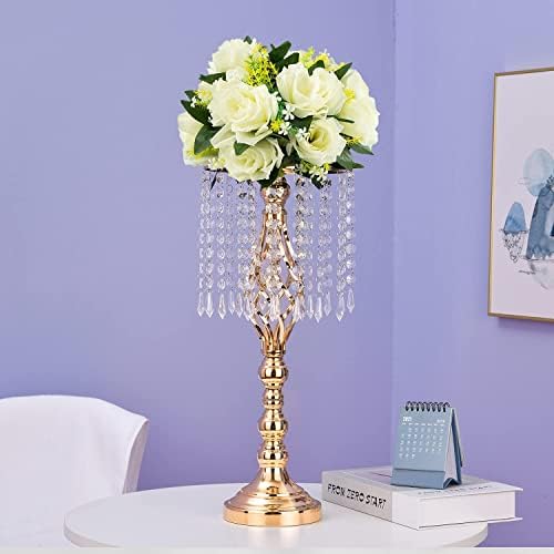 ECOM King Crystal Wedding Centerpiece za stol, Zlatni vjenčani cvjetni stalak za umjetni cvijet, Crystal Metal Vase Cowers za obljetnicu